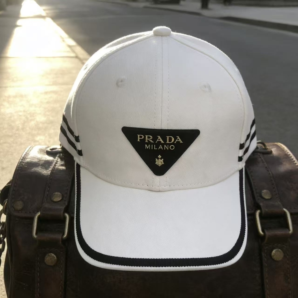 Prada Logo Striped Cotton Baseball Cap White